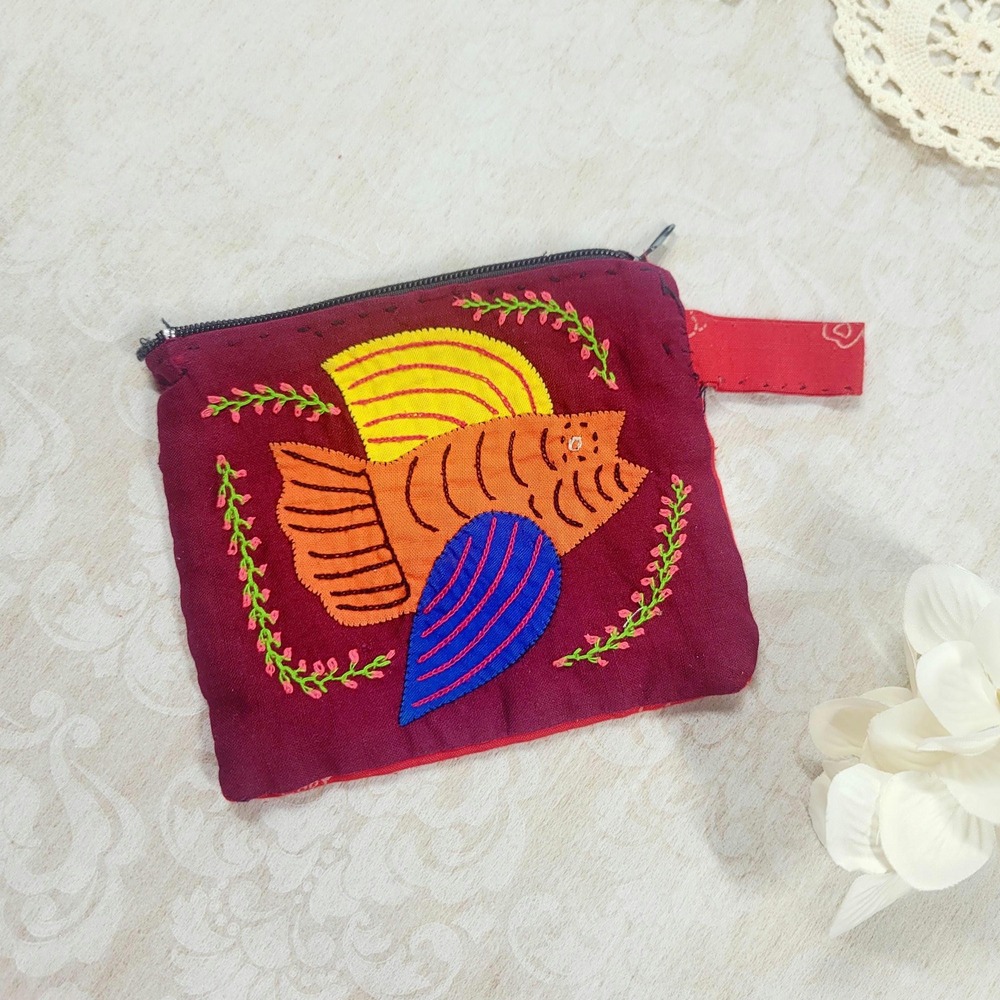 Handmade Embroidered Fish Zip Pouch Folk Art Coin Purse